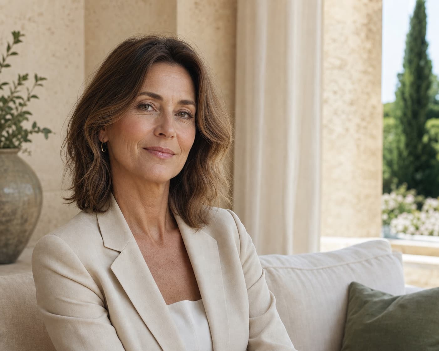 Woman with natural skin texture in warm Mediterranean light