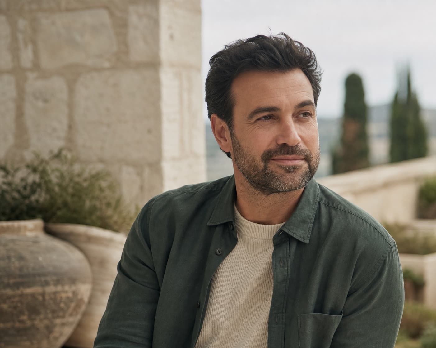 Man with naturally styled hair on a quiet Mediterranean terrace